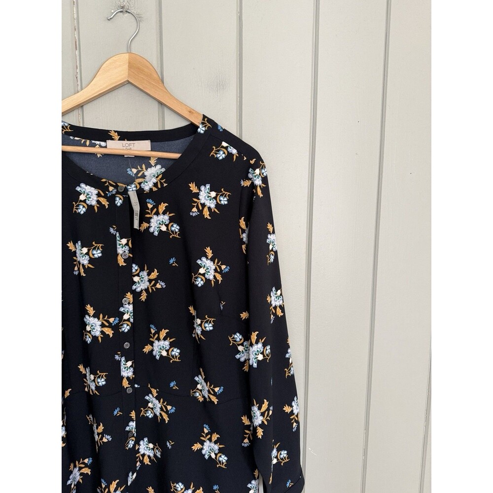 Loft Outlet Floral Dress 18 Navy Blue Floral Button Front Chiffon Long Sleeves - Picture 2 of 9